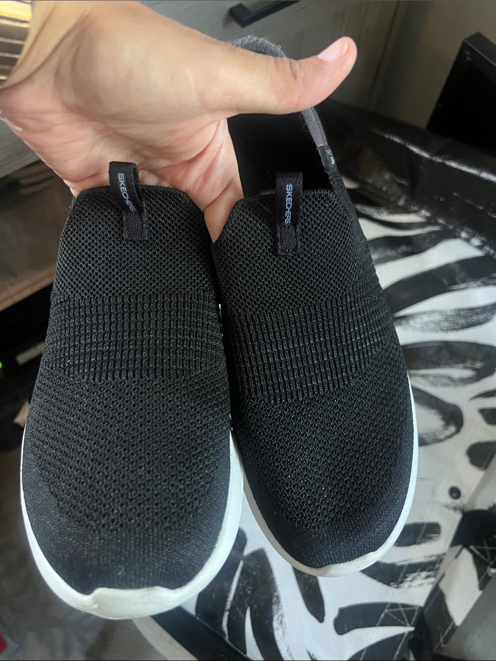 Skechers Black Slip-On Knit Sneakers with White Sole